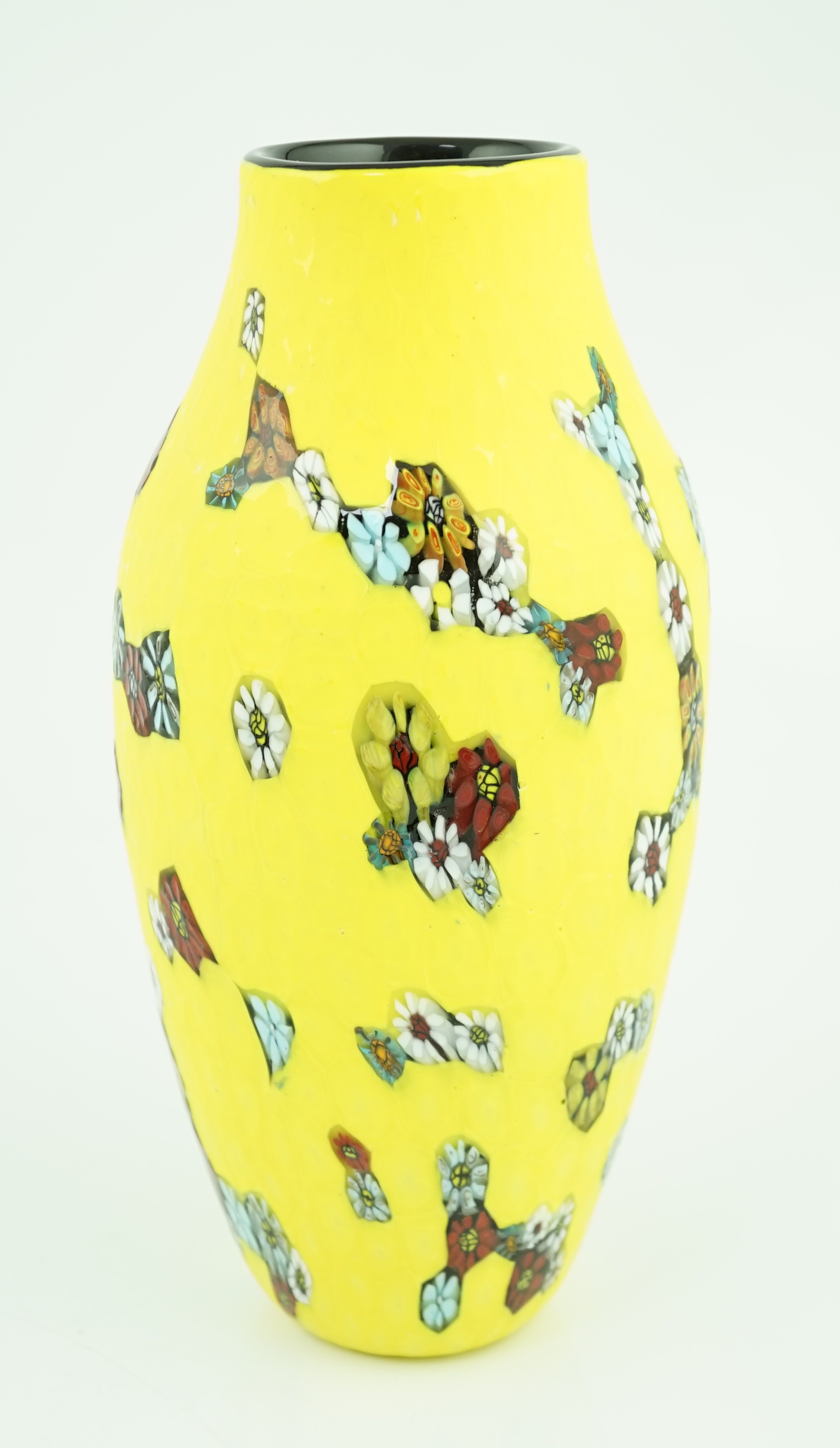 Vittorio Ferro (1932-2012) A Murano glass Murrine vase, the yellow battuto ground, decorated with scattered flower heads, unsigned, 28cm, Please note this lot attracts an additional import tax of 20% on the hammer price